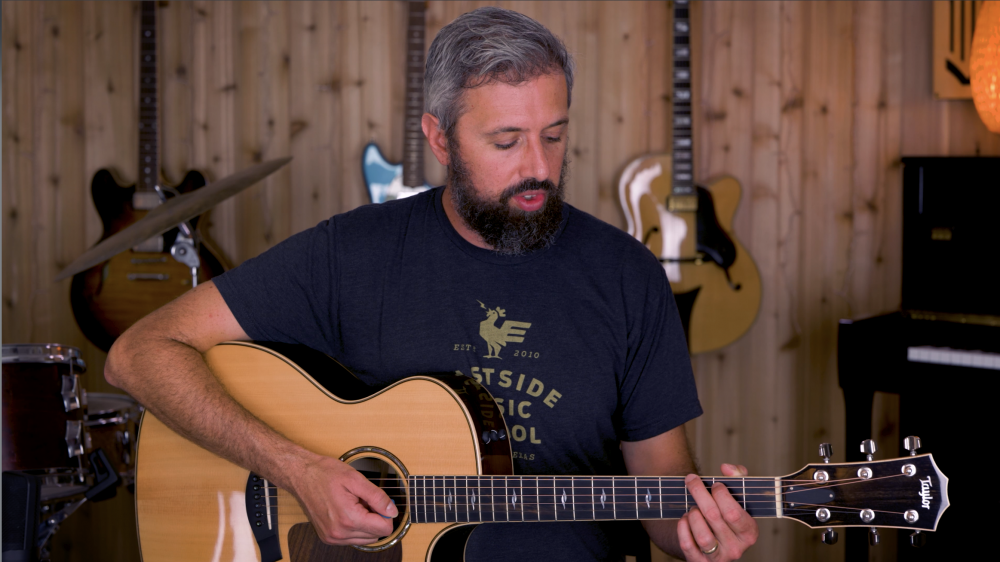 demonstrating how to play guitar in time